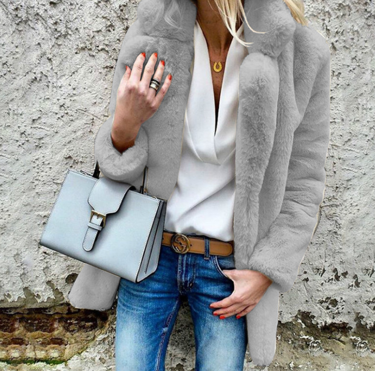 autumn and winter new style solid color long sleeved lapel women's fluffy coat coat 6 Light Grey - Shop at LoveMi