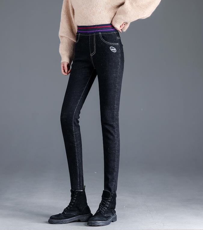 Outer wear warm stretch and fleece elastic waist jeans Black - Shop at LoveMi