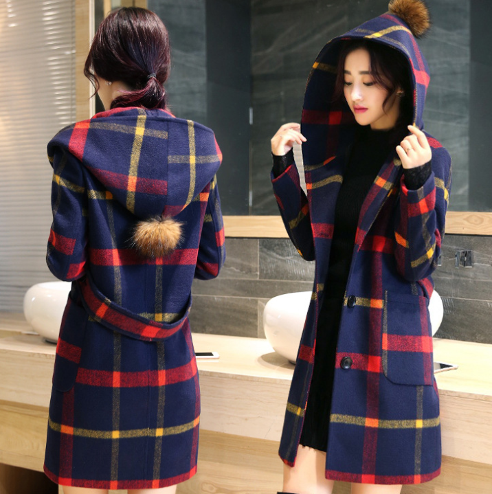 British College wind wool coat plaid long hooded woolen coat wool ball Red - Shop at LoveMi