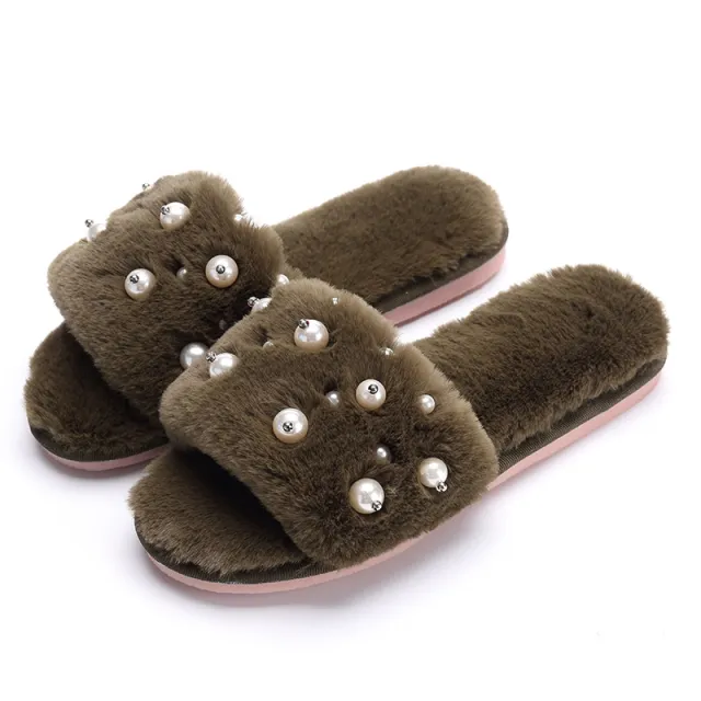 Ladies wear beaded plush slippers Green - Shop at LoveMi