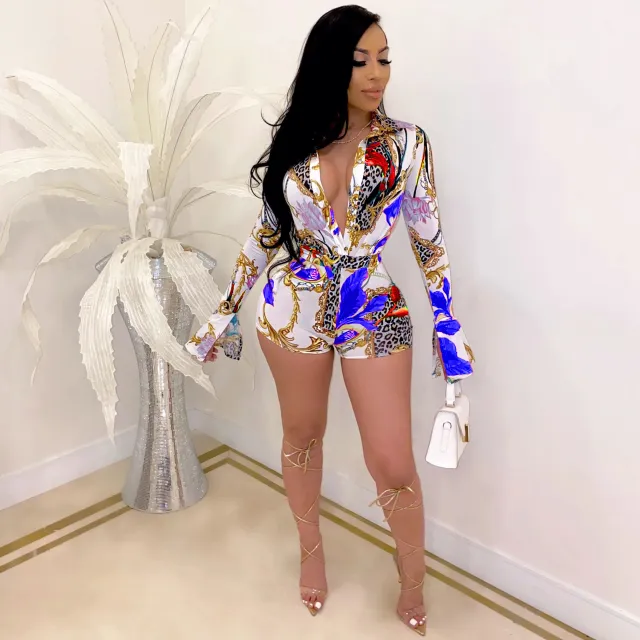 Printed cardigan shorts jumpsuit Blue - Shop at LoveMi