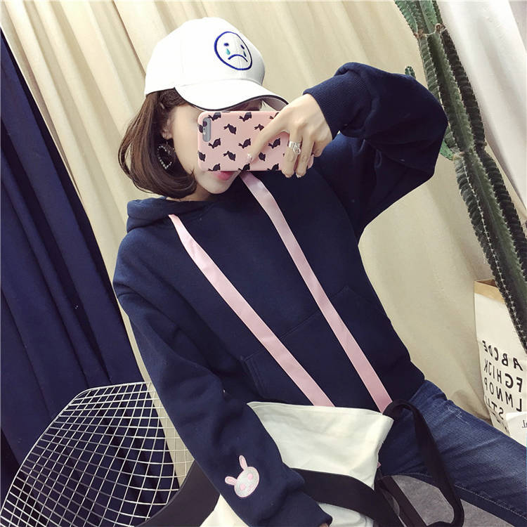 Pink embroidered rabbit ears and fleece hooded sweater Black - Shop at LoveMi