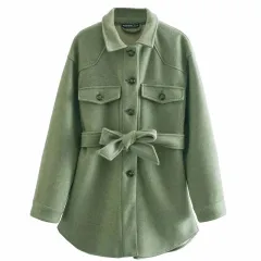 Casual and simple shirt-style mid-length jacket autumn and winter high waist and thin women's belt - Green - View 1