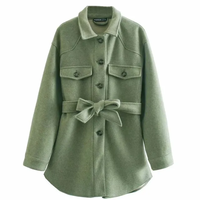 Casual and simple shirt style mid length jacket autumn and winter high waist and thin women's belt Green - Shop at LoveMi