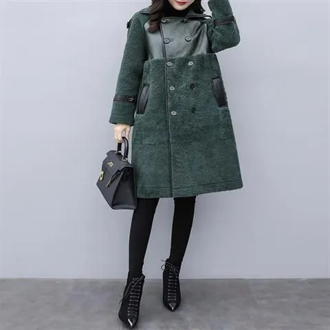 Lamb hair mid length fur coat with faux fur Green - Shop at LoveMi