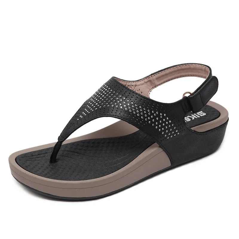 Muffin and Rhinestone Velcro Sandals - Black