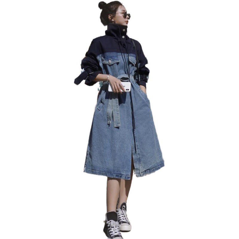 Fashion long denim patchwork dress windbreaker Blue - Shop at LoveMi