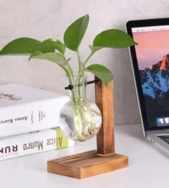 Glass Wood Vase Table Desktop Hydroponics Plant Stationery Bonsai Flower Pot Decoration Hanging Pots with Wooden Tray Pen Holder - A1 - View 1