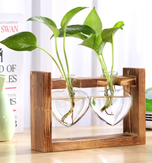 Glass Wood Vase Table Desktop Hydroponics Plant Stationery Bonsai Flower Pot Decoration Hanging Pots with Wooden Tray Pen Holder D2 - Shop at LoveMi