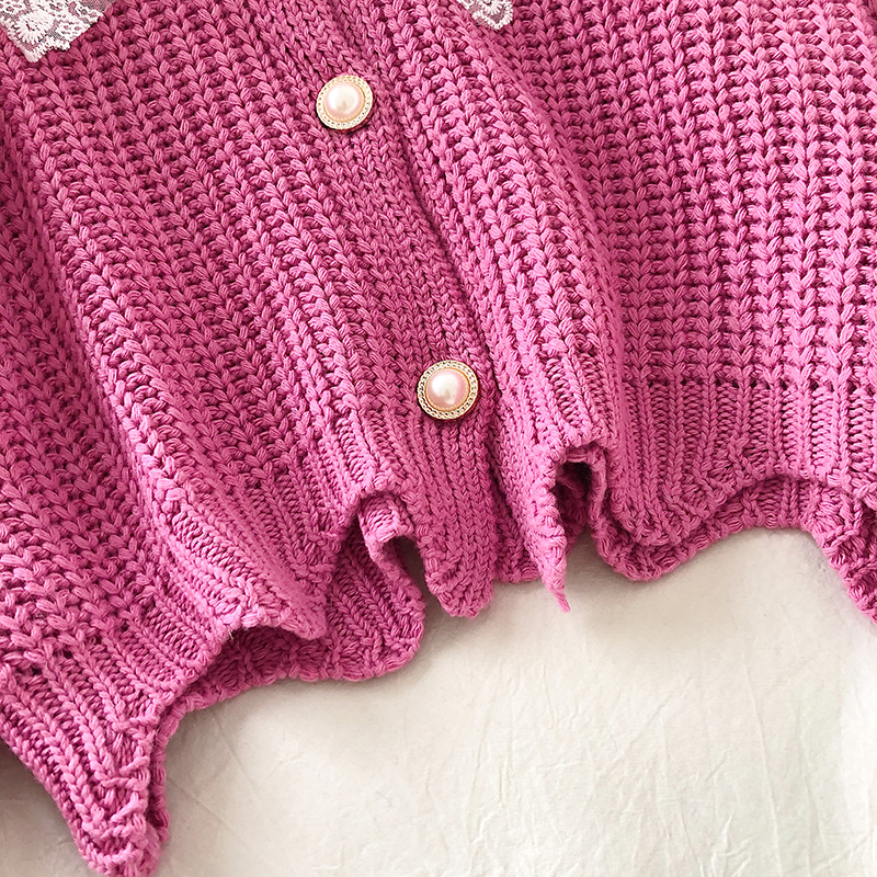 Korean Lace Lapel Knit Cardigan