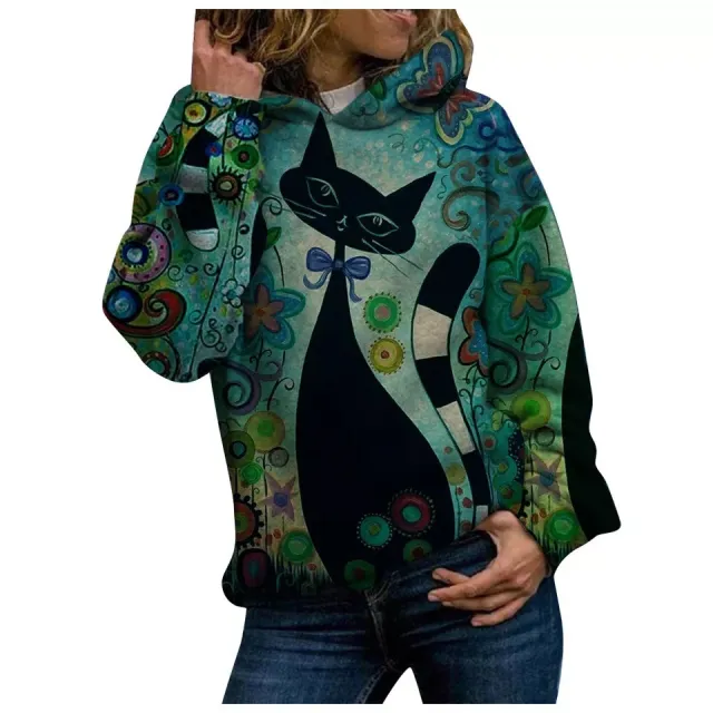 Cat 3D printed casual hooded pullover sweater Green - Shop at LoveMi