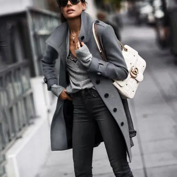 Women's solid color long sleeved woolen coat Grey - Shop at LoveMi