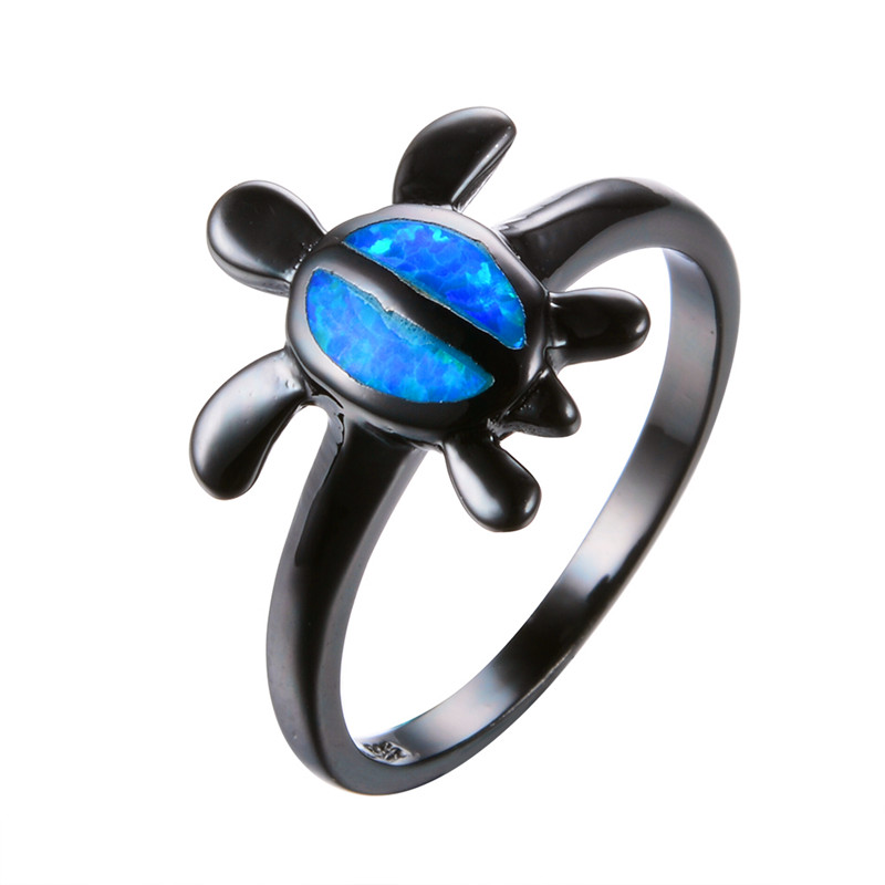 Black gold big tortoise oval blue zircon ring
