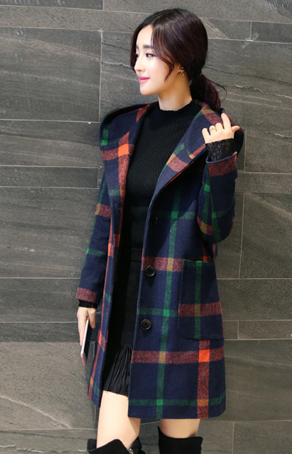 British College wind wool coat plaid long hooded woolen coat wool ball Green - Shop at LoveMi