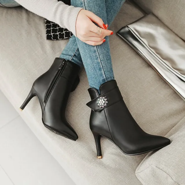Pointed stiletto heel boots with rhinestone side zip Black - Shop at LoveMi