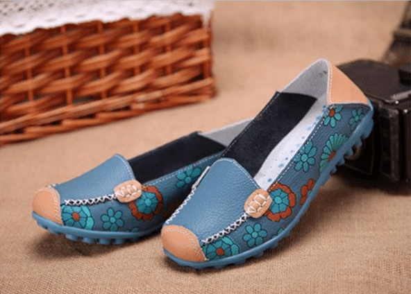 Flower Print Genuine Leather Flexible Loafers