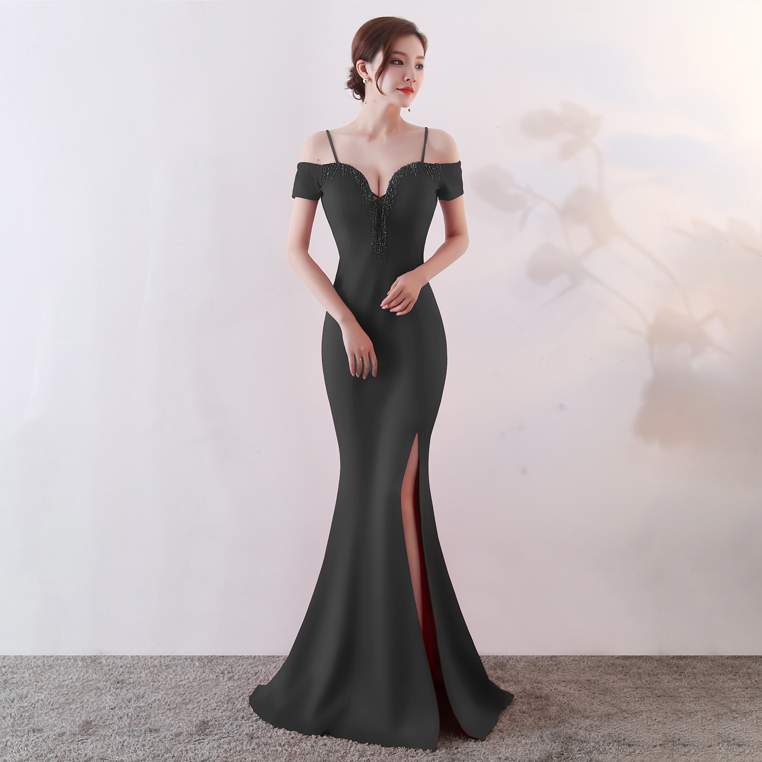 Off-shoulder fishtail split bodysuit