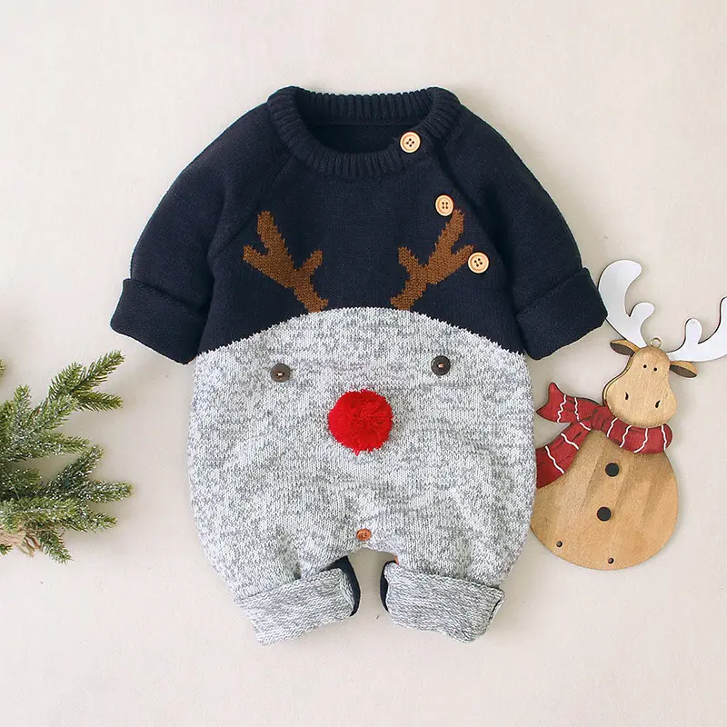 Boys and girls knitted cartoon deer romper