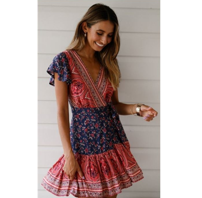 V-neck sexy bohemian print dress for women