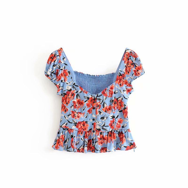 Spring new style European and American style printed square neck slim slim short pleated shirt