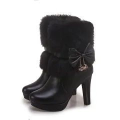 Sweet Princess Autumn And Winter Short Boots Snow Women Middle Boots Women Boots Thick Heel Short Boots - Black - View 1