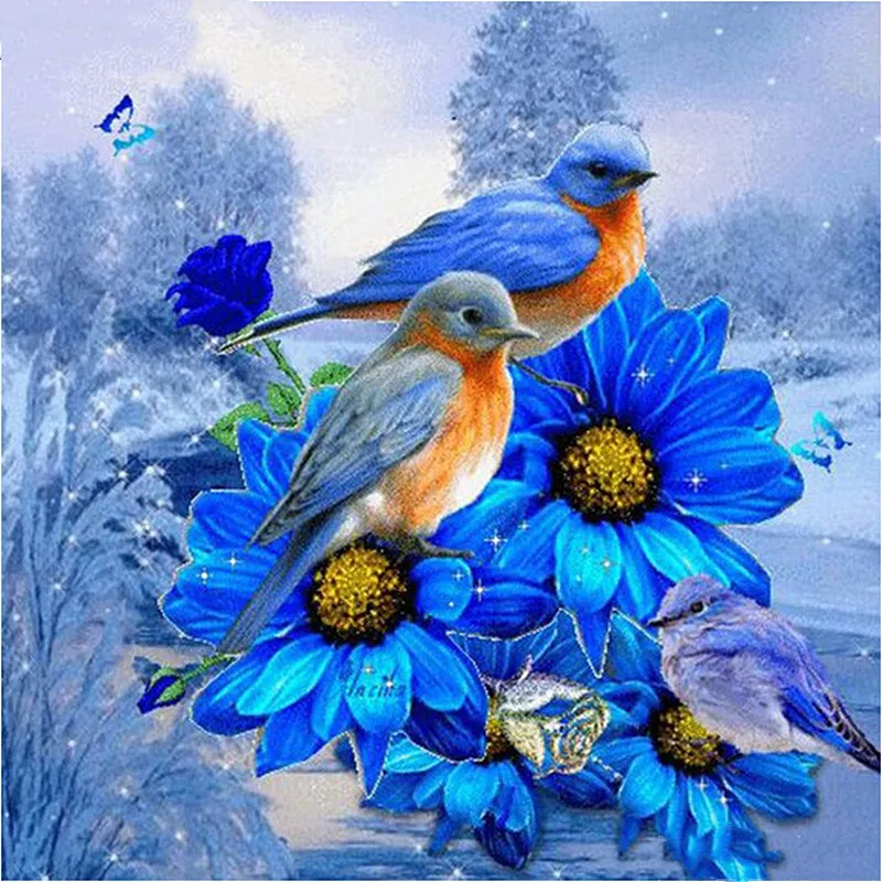 Diamond painting "Blue Flowers and Birds", DIY - Square