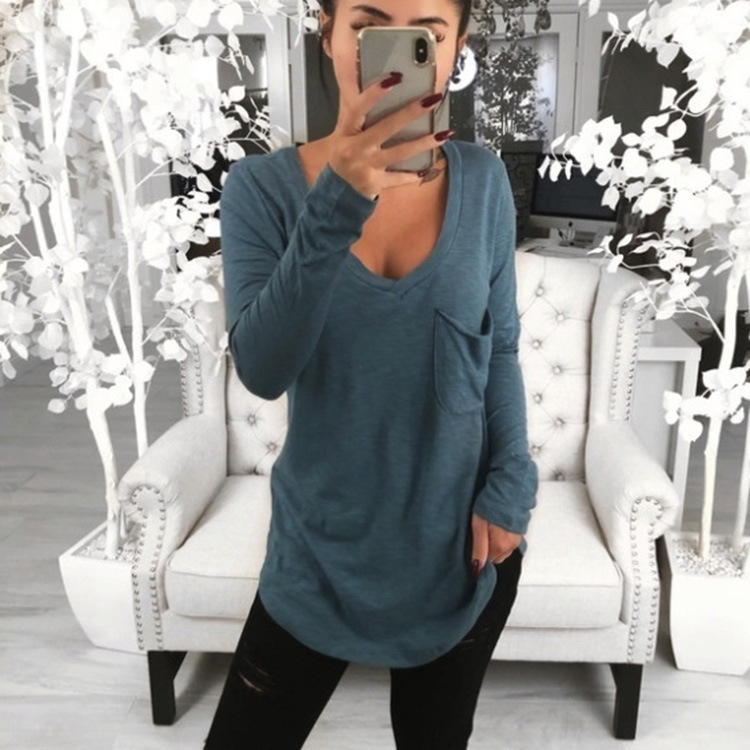 Autumn deep V-neck pocket stitching long-sleeved loose T-shirt