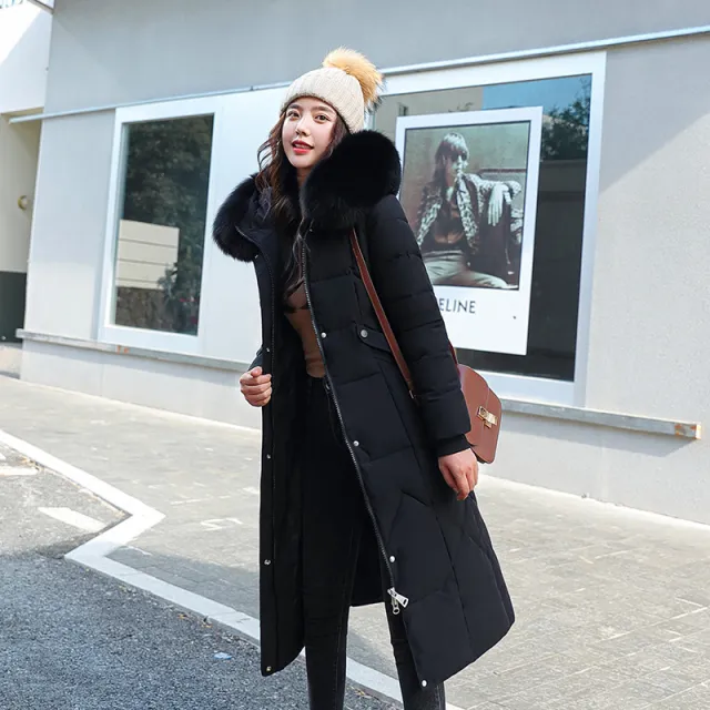 Long fur collar hooded coat Black - Shop at LoveMi