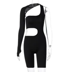 Hollow solid color jumpsuit - Black - View 1