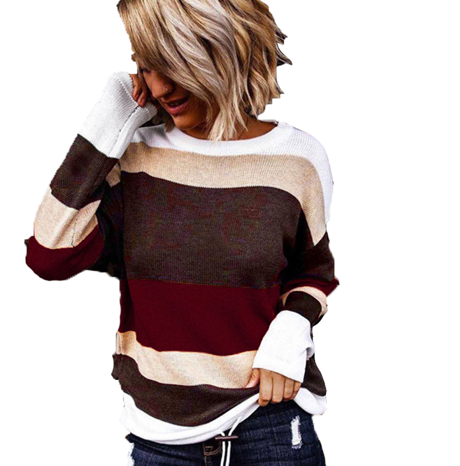 Color striped women's loose crew neck T-shirt