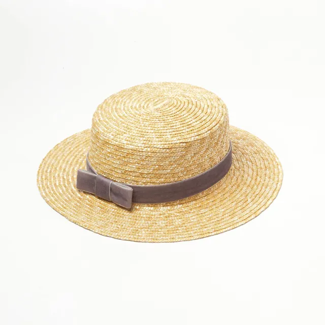 Straw hat with velvet ribbon and flat top Grey - Shop at LoveMi
