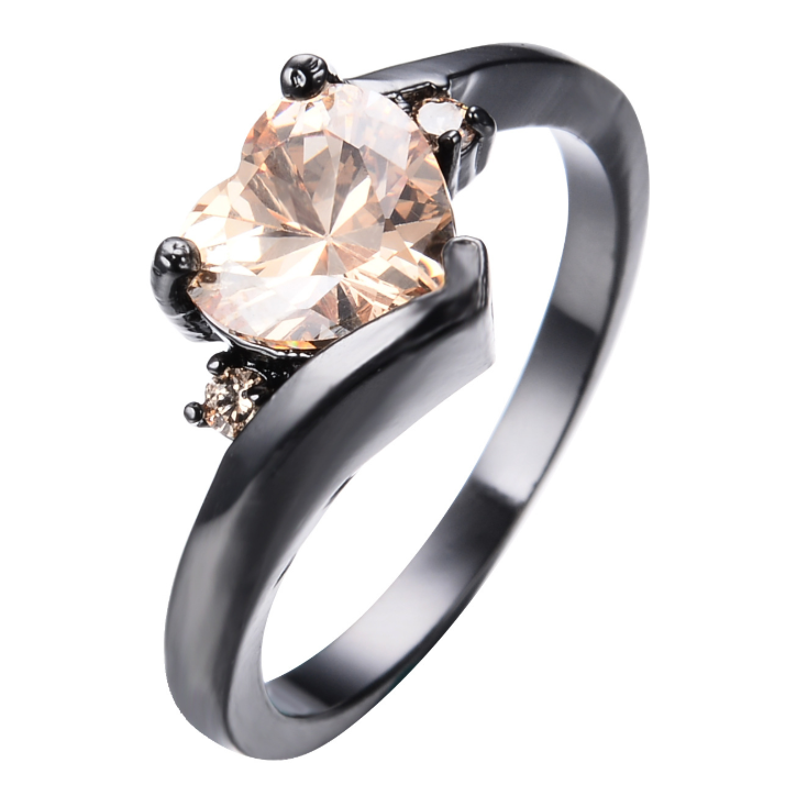 New European and American fashion peach heart three-prong ring set with zircon black gold ring