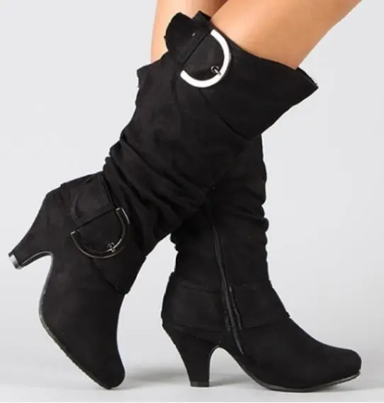 Belt buckle mid boots zipper ladies shoes - Black
