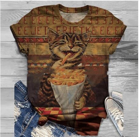 Cartoon cat print O collar T-shirt