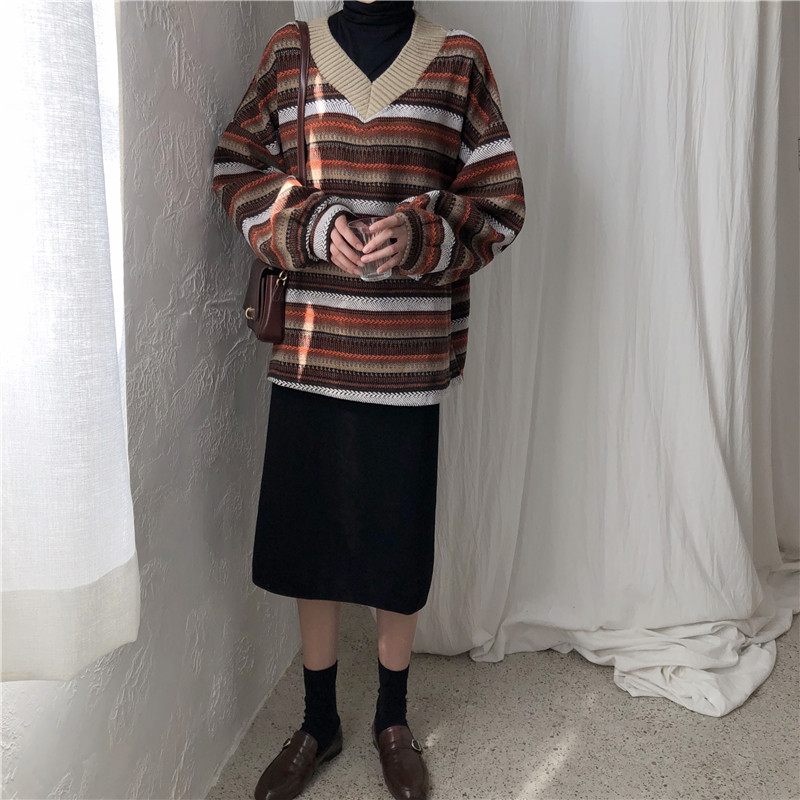 Three-piece retro striped sweater bottoming shirt and skirt
