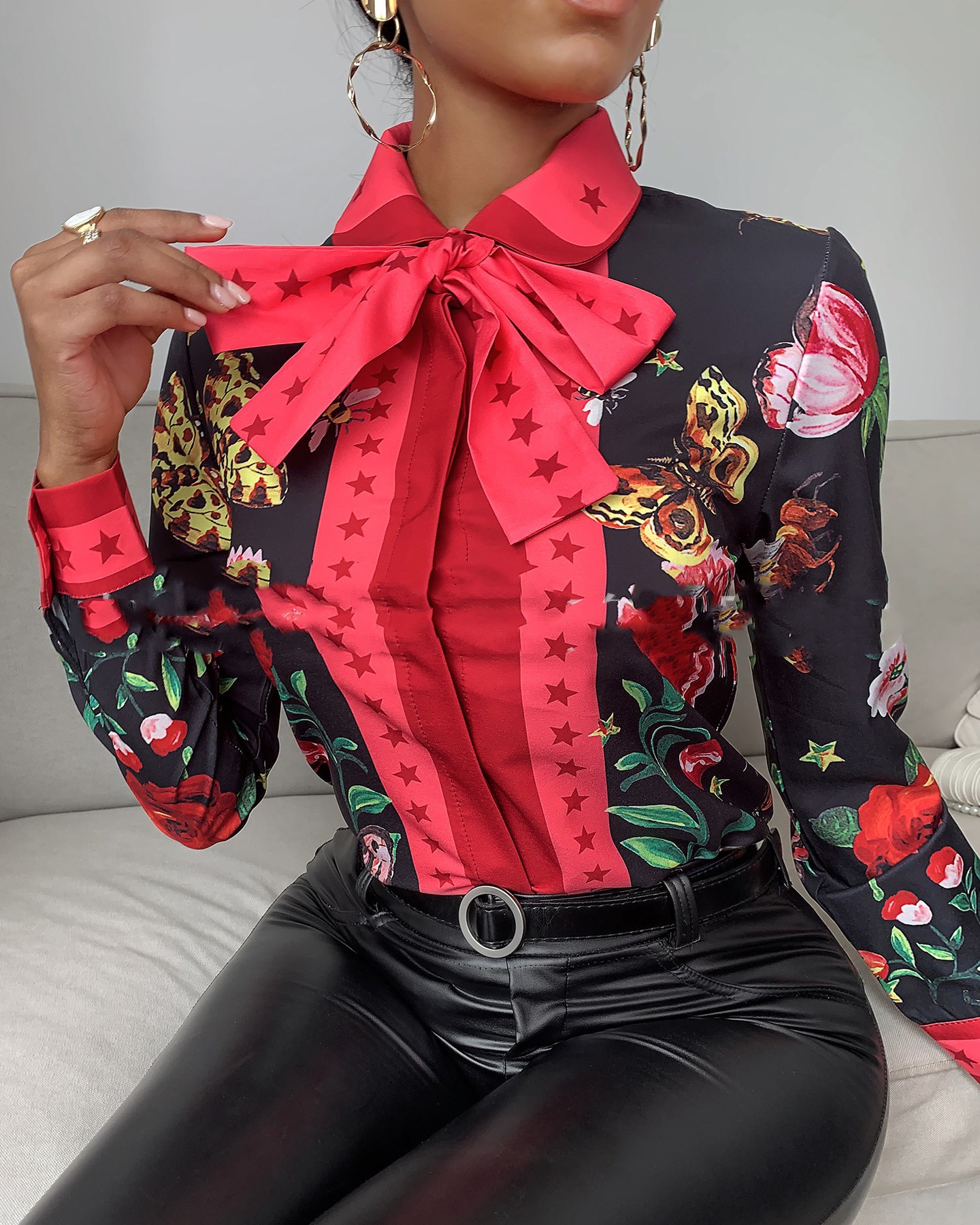 Printed slim long sleeve lapel shirt