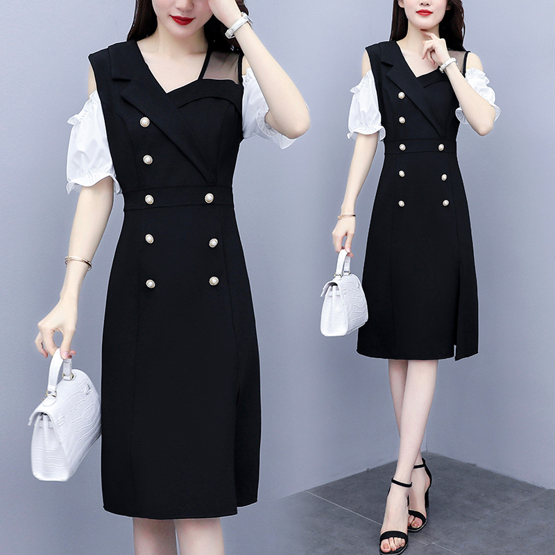 فستان أسود صغير بتصميم غير منتظم بدون أكتاف