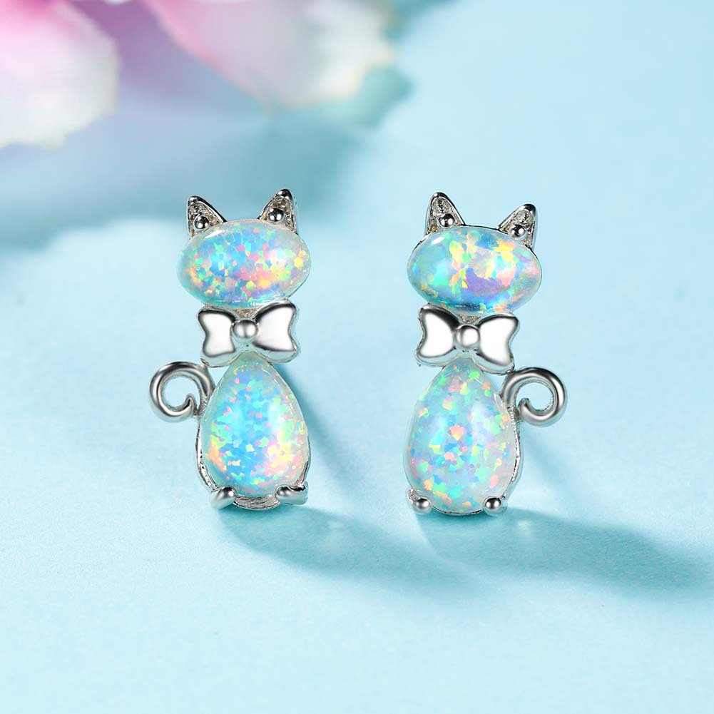 Sweet and lovely bow platinum cat earrings