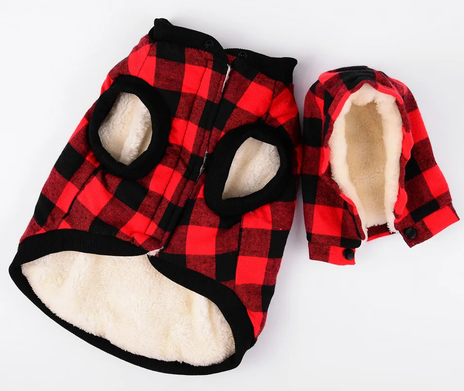 Autumn and winter plaid detachable hat thickened pet dog clothing - Red
