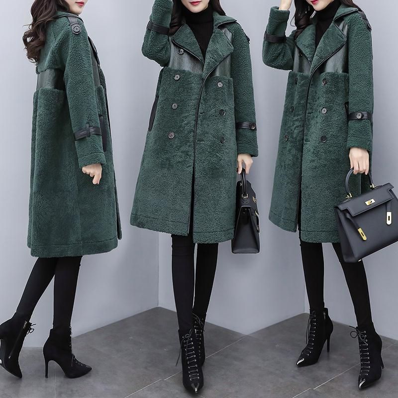 Lamb hair mid-length fur coat with faux fur