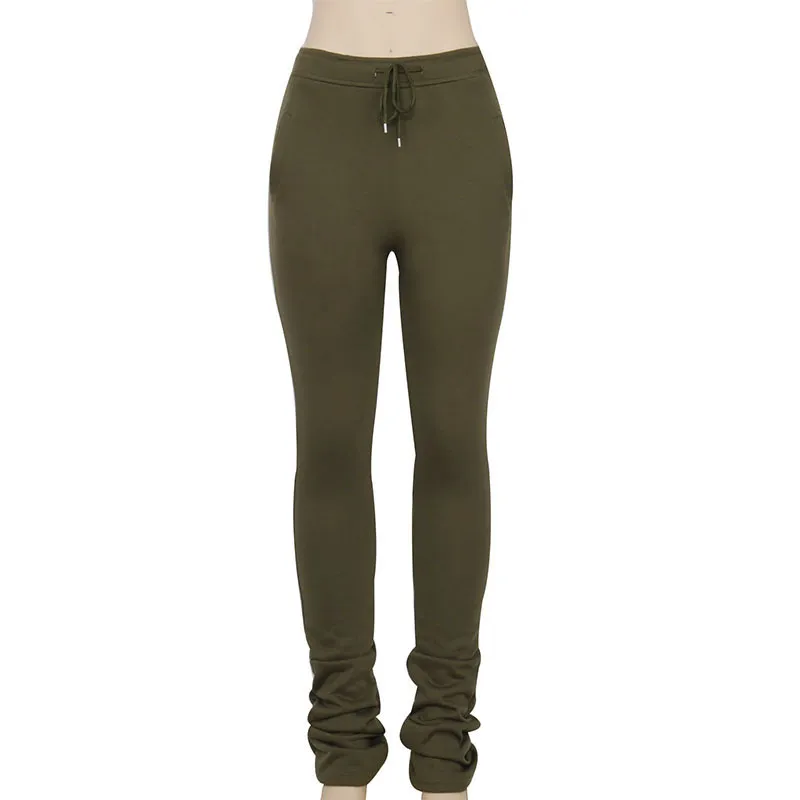 Elastic high-waist pleated drawstring slacks - Green