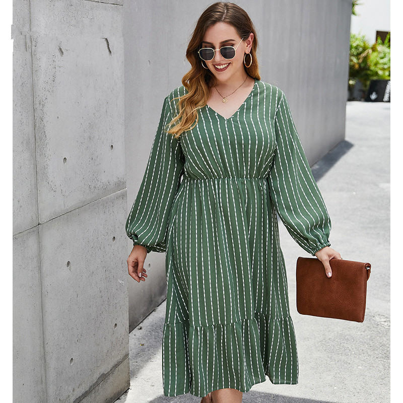 Fashion stripe bubble sleeve oversized dress