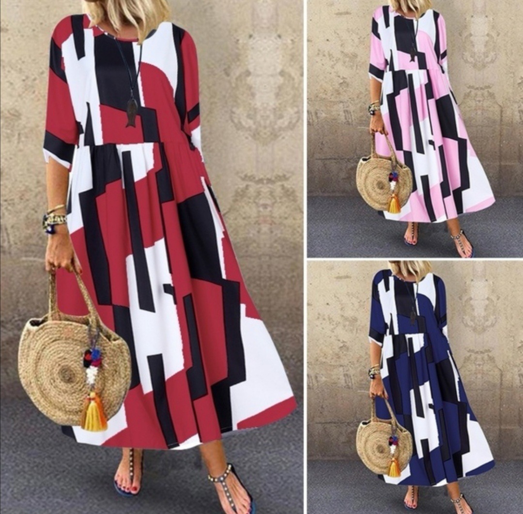 Plus size women's loose short sleeve printed long a-line dress