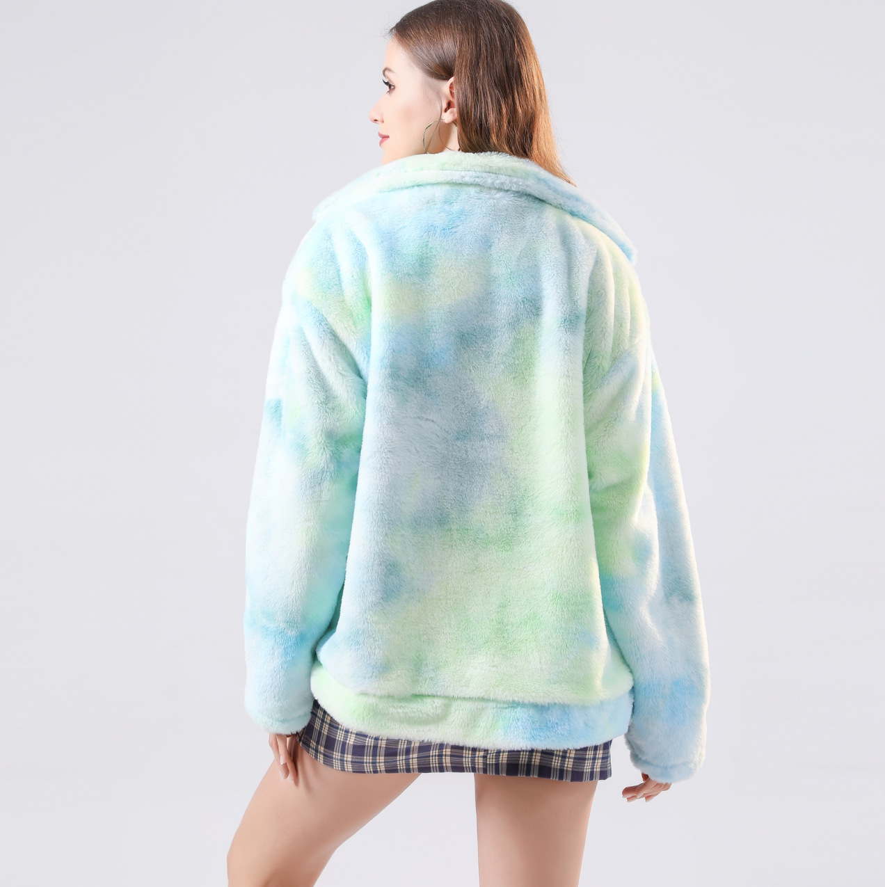Contrast tie-dye long-sleeved plush jacket