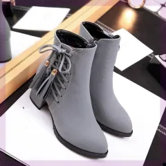 Short boots girls high heels thick heel fringed boots - Grey - View 1