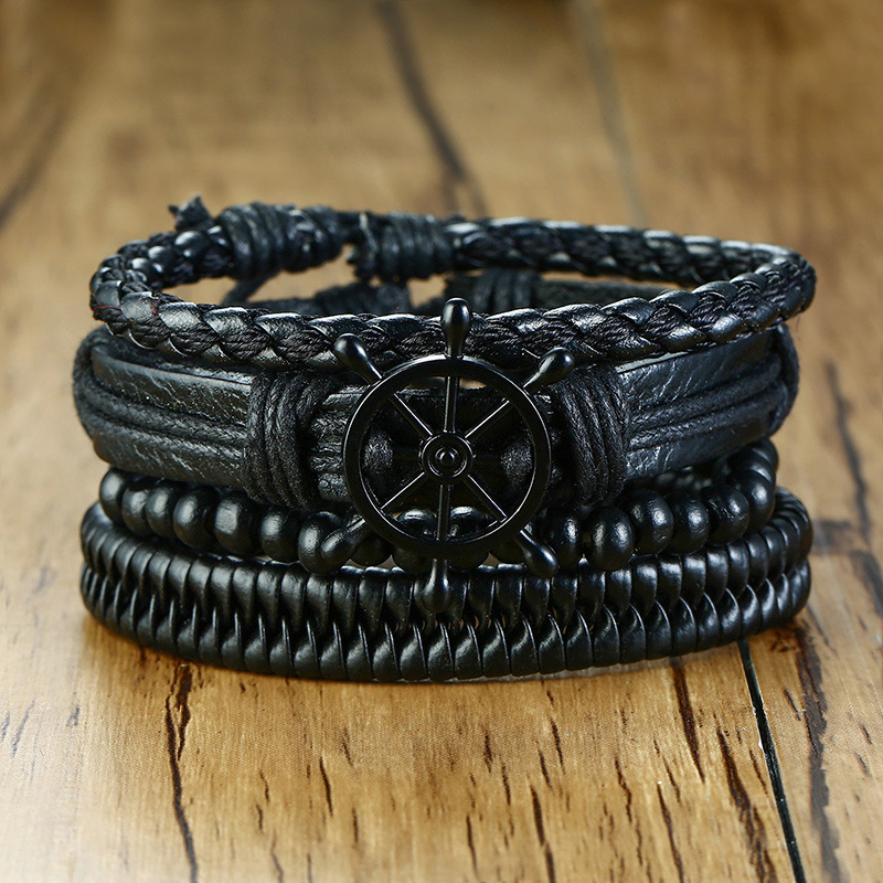 Rudder Wooden Bead Leather Woven Bracelet