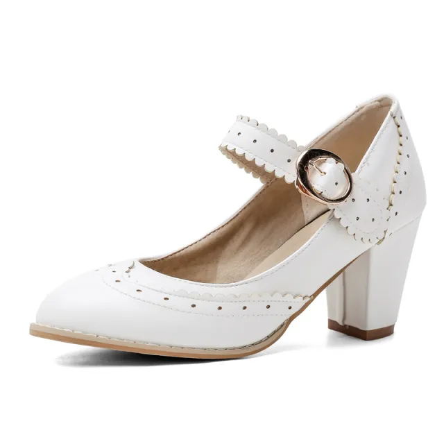 Spring new thick and buckle high heel Mary Jane shoes White - Shop at LoveMi