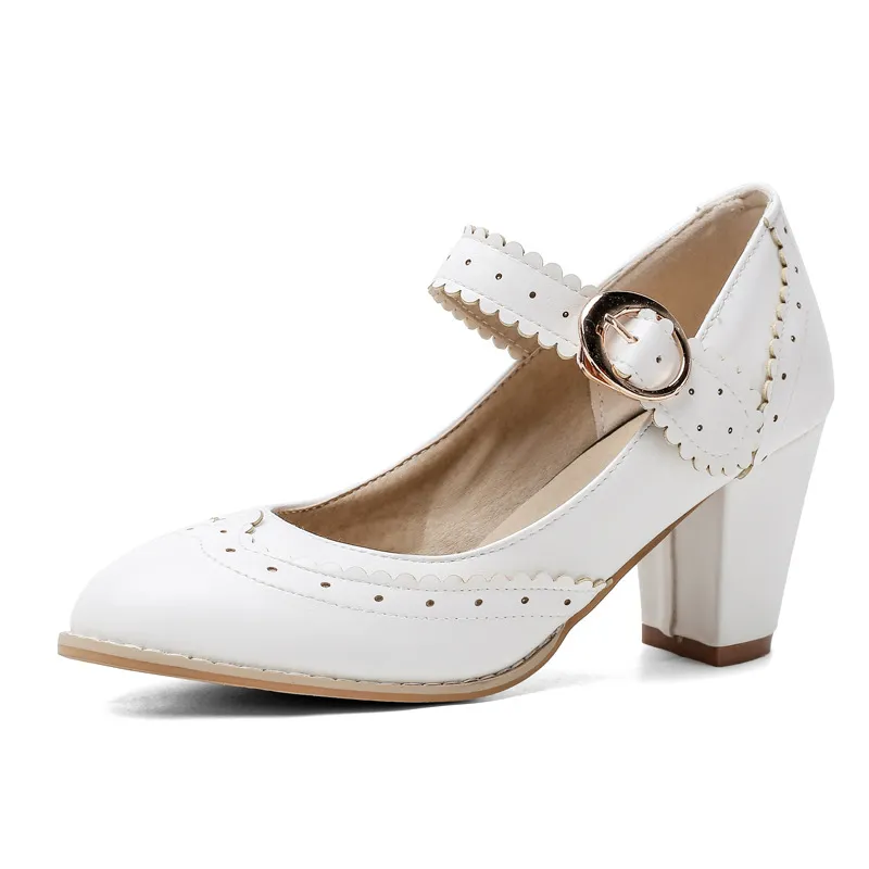 Spring new thick and buckle high heel Mary Jane shoes - White