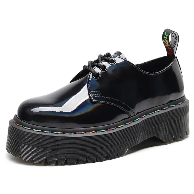 Round head lacing cowhide Martin shoes Black - Shop at LoveMi