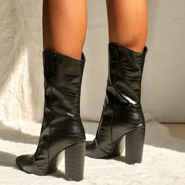 Women's mid tube boots thick heel pointed short boots Black - Shop at LoveMi
